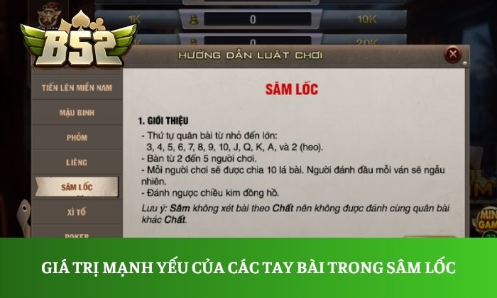 Giá trị mạnh yếu của các tay bài trong Sâm Lốc
